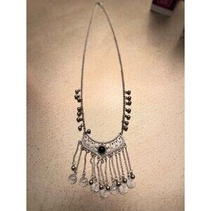 Boho Antique Silver Coin Fringe Statement Necklace